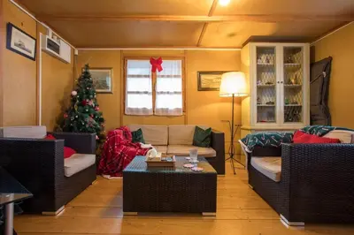 a living room with a christmas tree in the corner at Morning Star River Retreat - A Boathouse in Belgrade in Belgrade