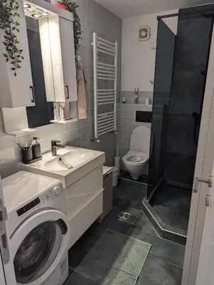 a bathroom with a washing machine and a sink at Apartman Jevremov Kutak in Belgrade