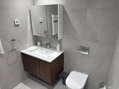 a bathroom with a sink and a toilet and a mirror at Belgrade Waterfront KINGS Park Residences in Belgrade