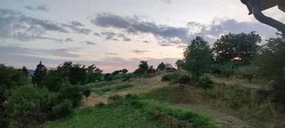 a field with a house on a hill with trees at Mali Raj in Mala Ivanča