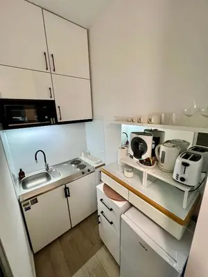 a small kitchen with white cabinets and a sink at City Heart Studio, City Center in Belgrade