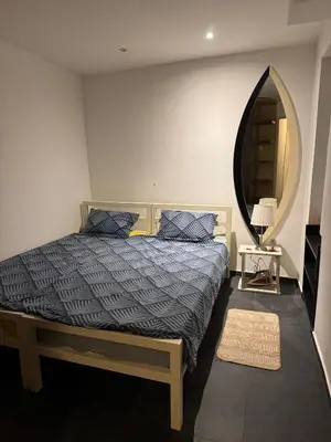 a bedroom with a bed and a large mirror at BelgradeCenterVibe in Belgrade