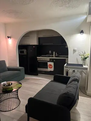 a living room with a couch and a kitchen at BelgradeCenterVibe in Belgrade