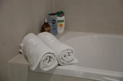 a group of towels sitting on the side of a bath tub at BW Premium Apartment Wolf-free parking in Belgrade