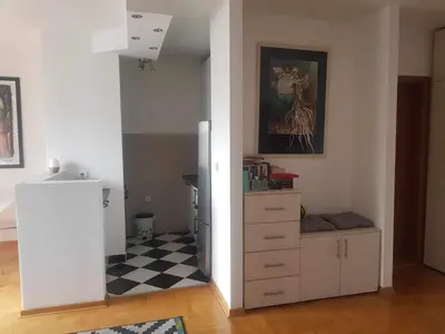 a room with a kitchen with a refrigerator and a checkered floor at Botanical Garden in Belgrade