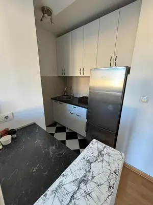 a kitchen with a refrigerator and a black and white floor at Botanical Garden in Belgrade