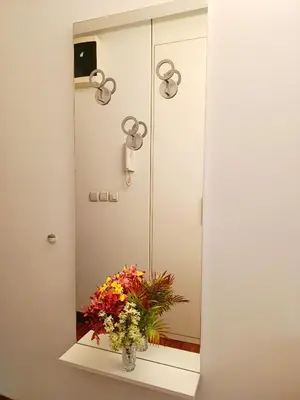 a bathroom mirror with a vase of flowers on a shelf at Urban Garden Apartments - Sunflower 2 in Belgrade
