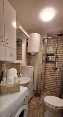 a bathroom with a sink and a toilet and a shower at Retiro Apartman in Belgrade