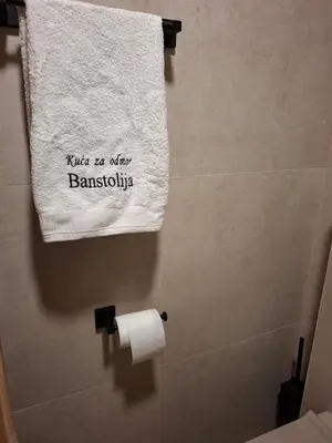 a towel hanging in a bathroom with a roll of toilet paper at Kuće za odmor Banstolija - Fruška Gora in Čortanovci