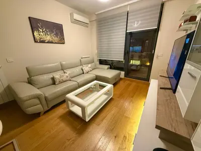 a living room with a couch and a tv at Belgrade Forest Gate near center in Belgrade