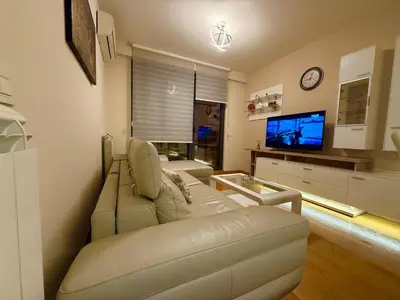 a living room with a couch and a television at Belgrade Forest Gate near center in Belgrade