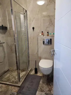 a bathroom with a shower and a toilet at Infinity in Belgrade