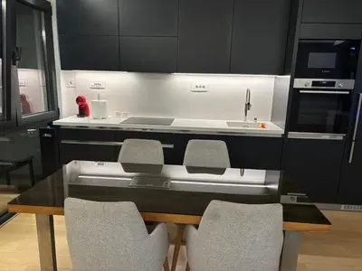 a kitchen with a table with chairs and a sink at Vist Sava Center Residence in Belgrade