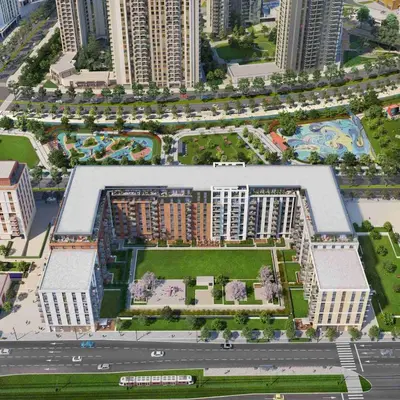 an overhead view of a large building with a park at SnowWhite Belgrade Waterfront in Belgrade
