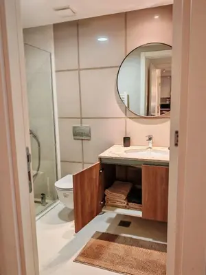 a bathroom with a sink and a mirror at SnowWhite Belgrade Waterfront in Belgrade