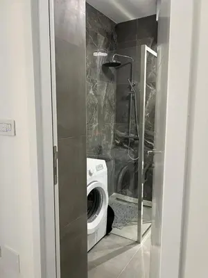 a washer and dryer in a small bathroom at Tesla Lux Apartman in Belgrade