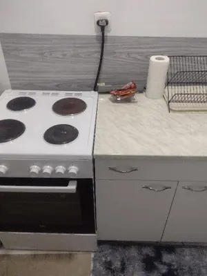 a kitchen with a stove and a counter at Ena's apartman in Belgrade