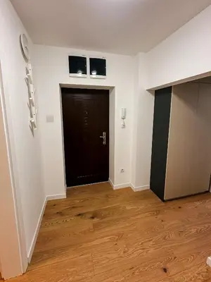 a room with a black door and a wooden floor at Astor Wellness apartman in Belgrade