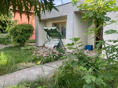 a garden with a bench in front of a house at Artists Apartment in Beograd