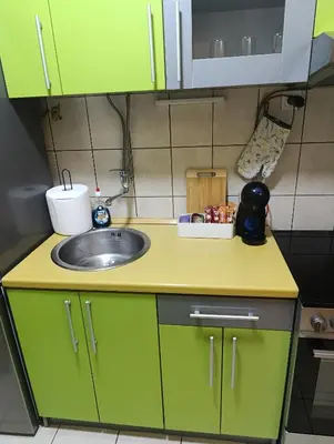 a kitchen with green cabinets and a sink at Apartman 32 in Inđija