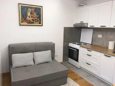 a kitchen with a couch and a stove in it at Visnjica in Belgrade