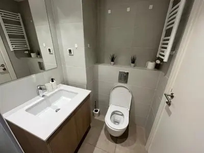 a bathroom with a toilet and a sink at Solis BW Apartments in Belgrade