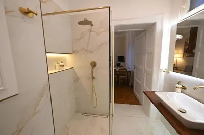 a bathroom with a shower and a sink at La Mascarade in Belgrade