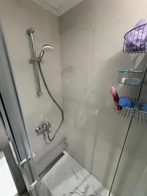 a bathroom with a shower with a glass door at Lunalux BW Apartments in Belgrade