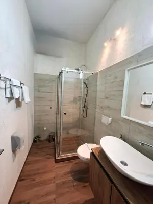 a bathroom with a shower and a toilet and a sink at Premium City Center TOP LOCATION apartments in Belgrade