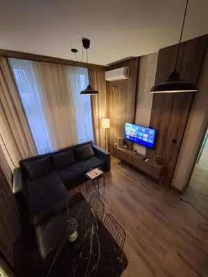 a living room with a black couch and a tv at Premium City Center TOP LOCATION apartments in Belgrade