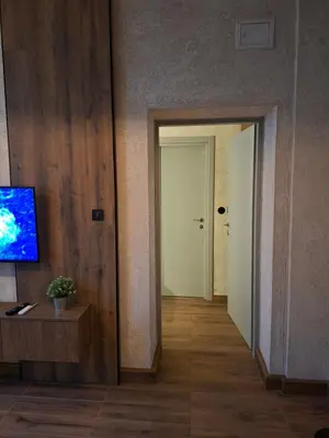 a room with a hallway with a television and a door at Premium City Center TOP LOCATION apartments in Belgrade