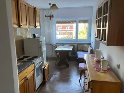 a kitchen with a table and a small kitchen with a tableablish at VukTas in Belgrade