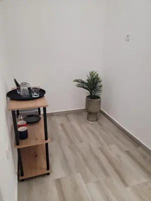 a room with a table and a potted plant at Beosan in Železnička Stanica Zemunsko Polje