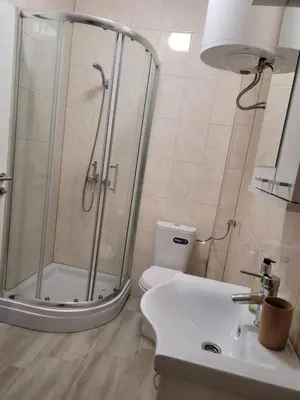 a bathroom with a shower and a toilet and a sink at Beosan in Železnička Stanica Zemunsko Polje