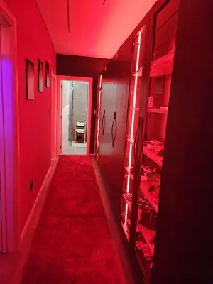 a red hallway with a red carpet and red lights at Apartman Fantazy spa BDSM in Zemun