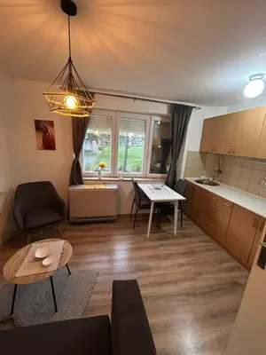 a living room with a table and a kitchen at Apartman Borkica in Mladenovac
