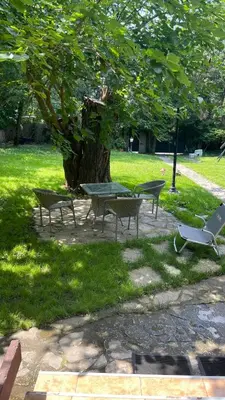 a picnic table and benches under a tree in a park at vila filip in Belgrade
