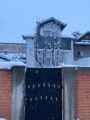 a gate in front of a house with snow on it at LoLo apartment Belgrade in Beograd