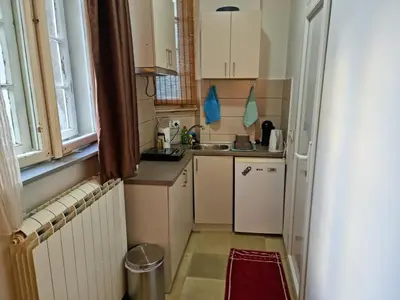 a small kitchen with a sink and a refrigerator at Belgrade center studio apartment in Belgrade