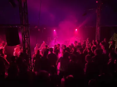 a crowd of people at a concert with pink lights at Belgrade center studio apartment in Belgrade