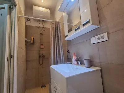 a small bathroom with a sink and a shower at Belgrade center studio apartment in Belgrade