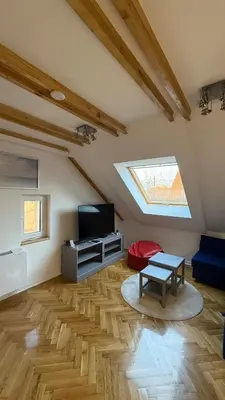 a loft with a skylight and a living room at GardosHouse Apt 4 in Belgrade