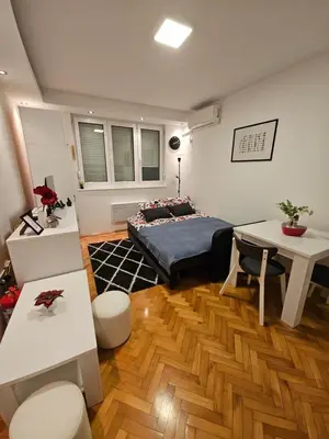 a bedroom with a bed and a table and chairs at Aker in Belgrade
