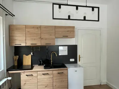 a kitchen with wooden cabinets and a sink at Dolce Vita in Belgrade