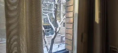 a window with a view of a snow covered tree at One Bedroom Apartment Theatre in Belgrade