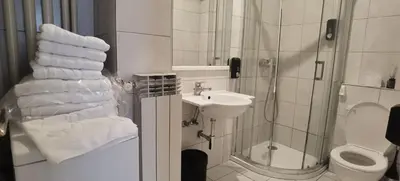 a bathroom with a shower and a sink and a toilet at One Bedroom Apartment Theatre in Belgrade