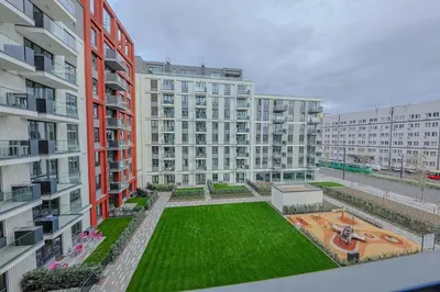 an aerial view of a large apartment building with a yard at S310 with free parking in Belgrade