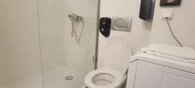 a white bathroom with a shower and a toilet at Central Apartment Toplica in Belgrade