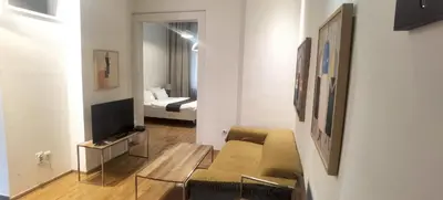 a living room with a couch and a television at Central Apartment Toplica in Belgrade