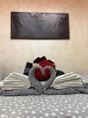 a pair of towels sitting on top of a bed at Centar Lux Obrenovac, Na Trgu, Siguran Parking in Obrenovac